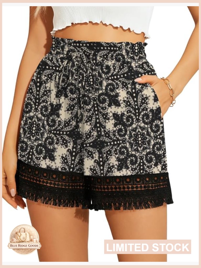 High Waist Cotton Drawstring Shorts Casual Wide Leg Boho Summer Beach